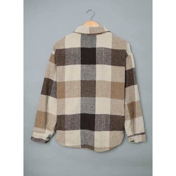 Plus Size Flannel Shacket Women's Casual Plaid Long Sleeve Button Up Coat - Picture 3 of 5